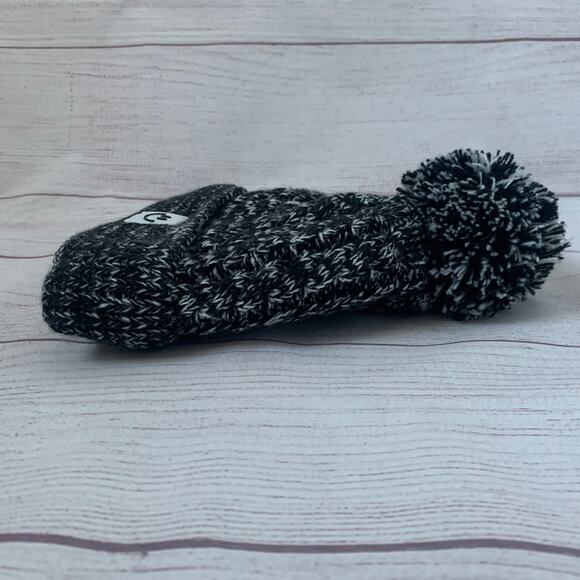 Kids Black and White Stocking Hat with Pom Folded Cuff Fleece Interior Small - Picture 4 of 11